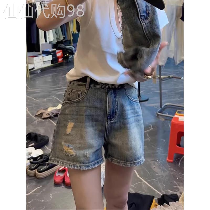 蓝色高腰破洞牛仔短裤女夏季欧货宽松显瘦大尺码复古风街头休闲裤