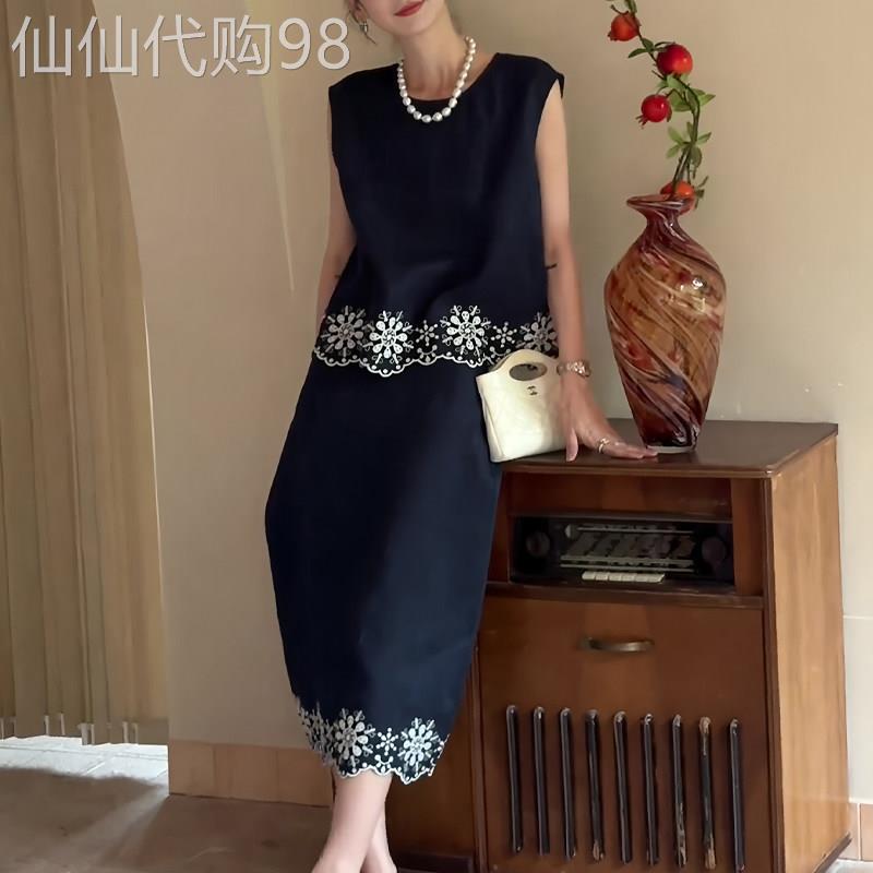 时尚优雅藏青色无袖女2026年夏季新款高级感精致气质花边别致套装