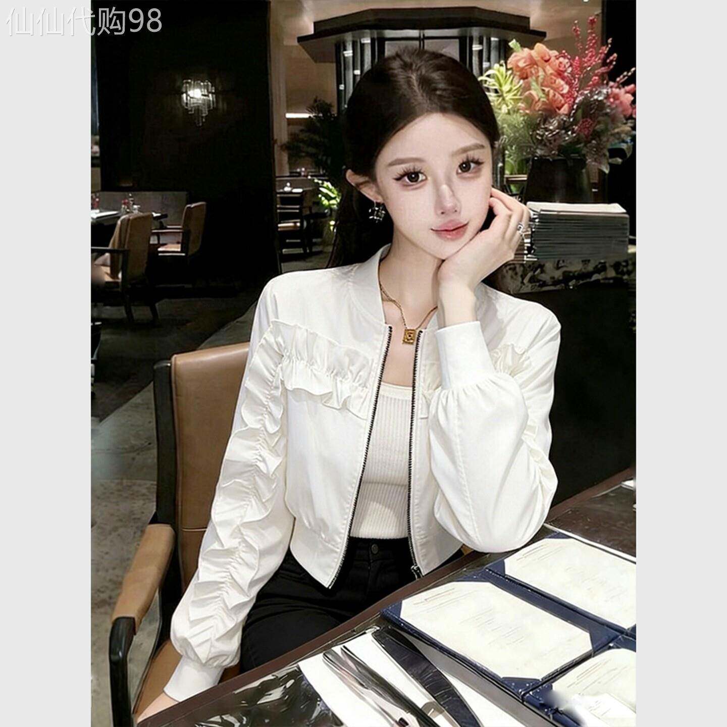 2026春法式白领别致设计感气质外套女洋派百搭白色荷叶边拼接上衣