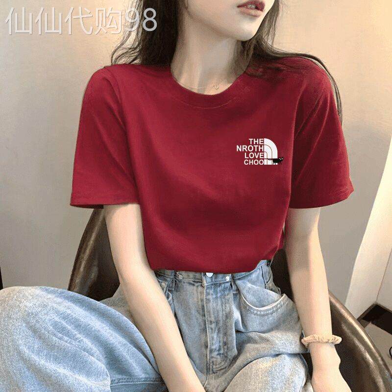 红色短袖T恤女夏季2026新款纯棉宽松薄款圆领百搭正肩显瘦上衣