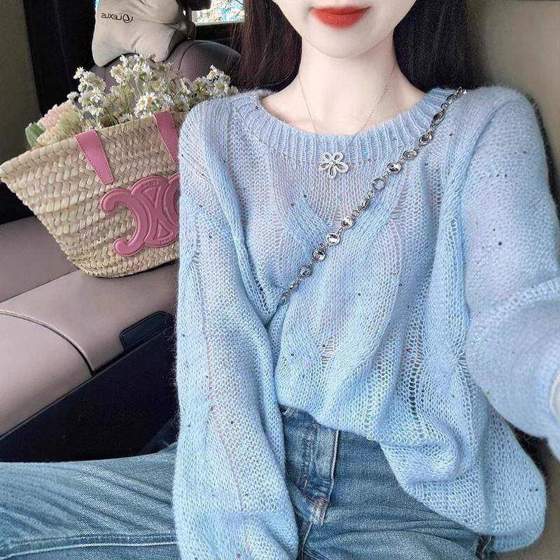 日系蓝色圆领套头马海毛麻花针织衫女春秋慵懒风软糯毛衣宽松上衣