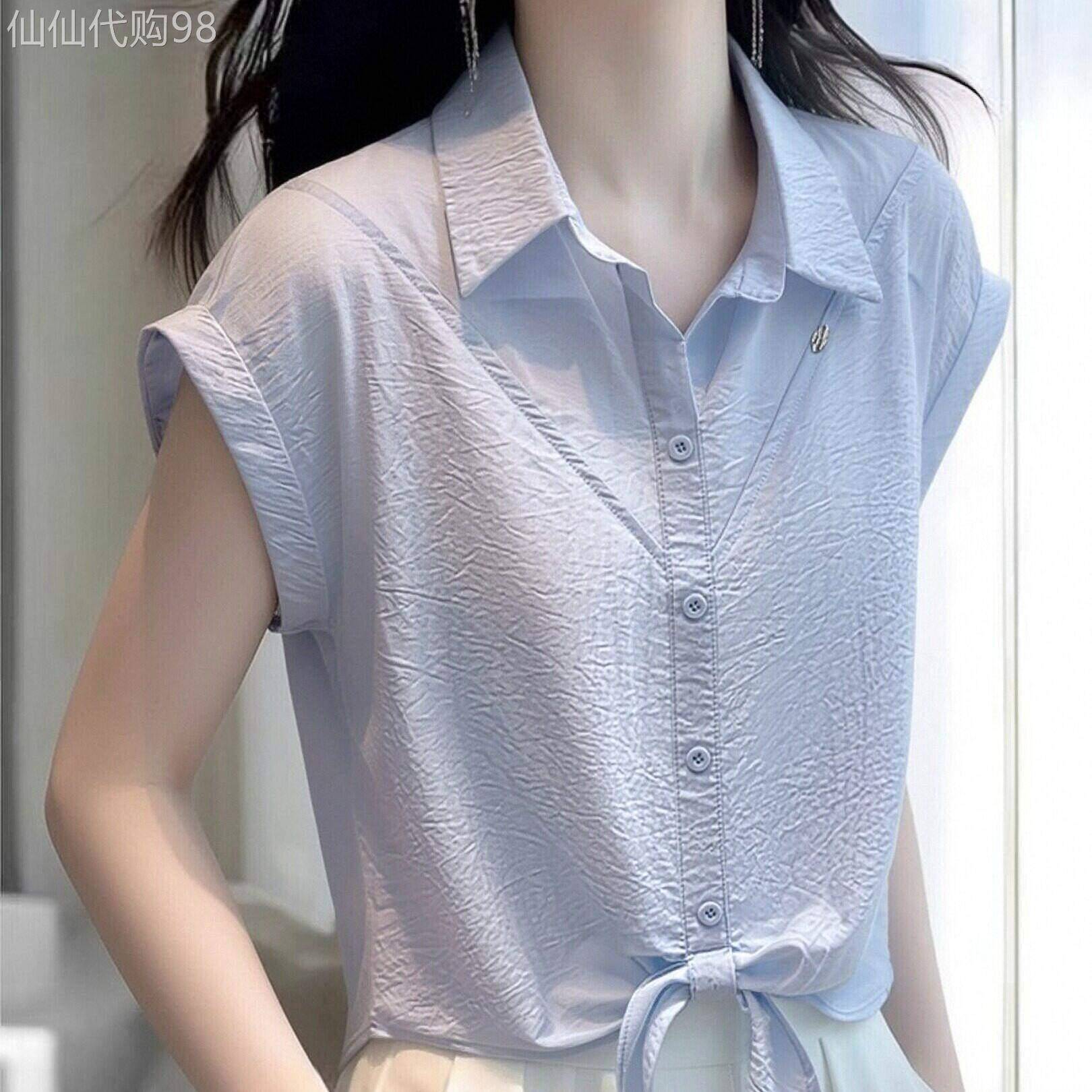 雪纺短袖衬衫女夏季2026新款设计感宽松显瘦蓝色衬衫洋派减龄上衣