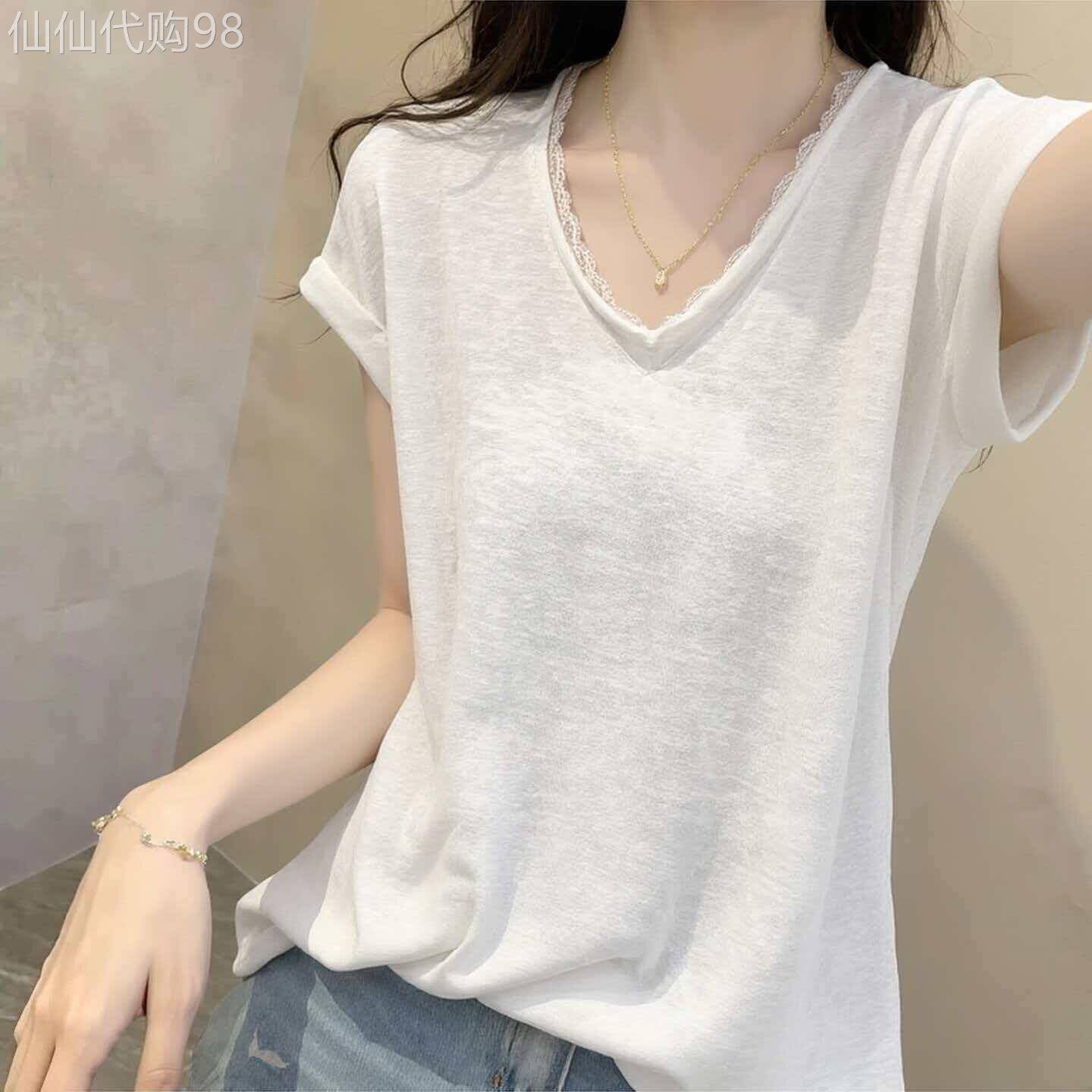 白色雪花棉短袖T恤女夏季2026新款V领蕾丝边薄款宽松百搭显瘦上衣