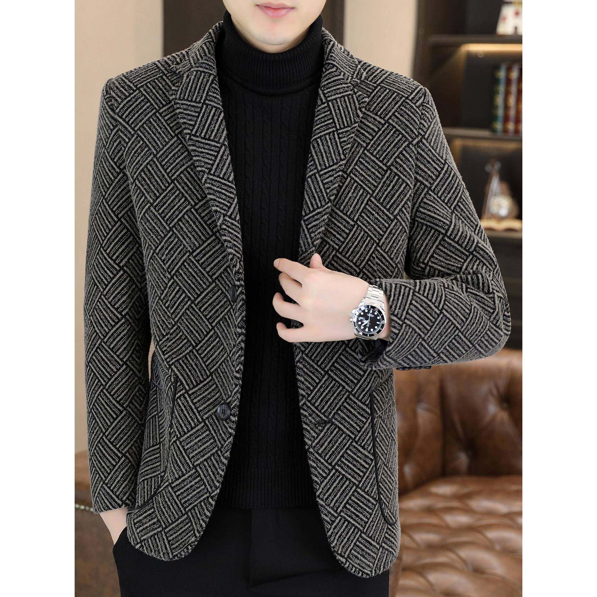 秋冬季加绒西服外套男欧货高端免烫单西上衣保暖毛呢休闲时尚西装