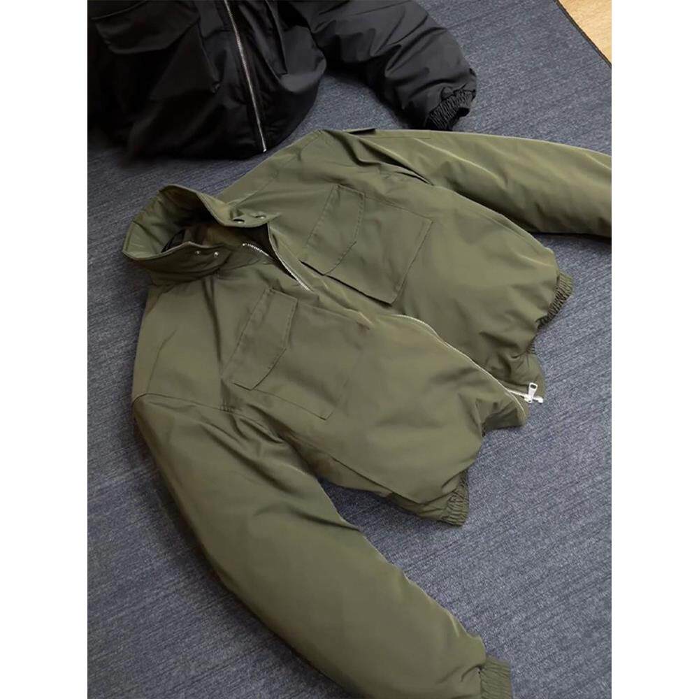 【法国进口男装】军绿色工装夹克棉服男士冬季短款立领飞行员棉衣