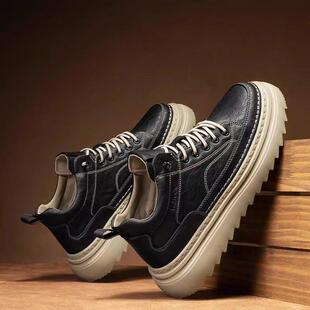 男鞋春秋季防水马丁靴男士潮休闲鞋短帮厚底增高复古皮鞋男款软底