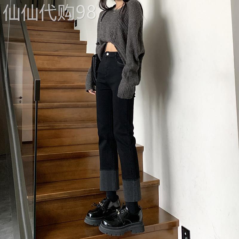 黑色高腰卷边直筒牛仔裤女拼接显瘦2026春季新款设计感小众烟管裤
