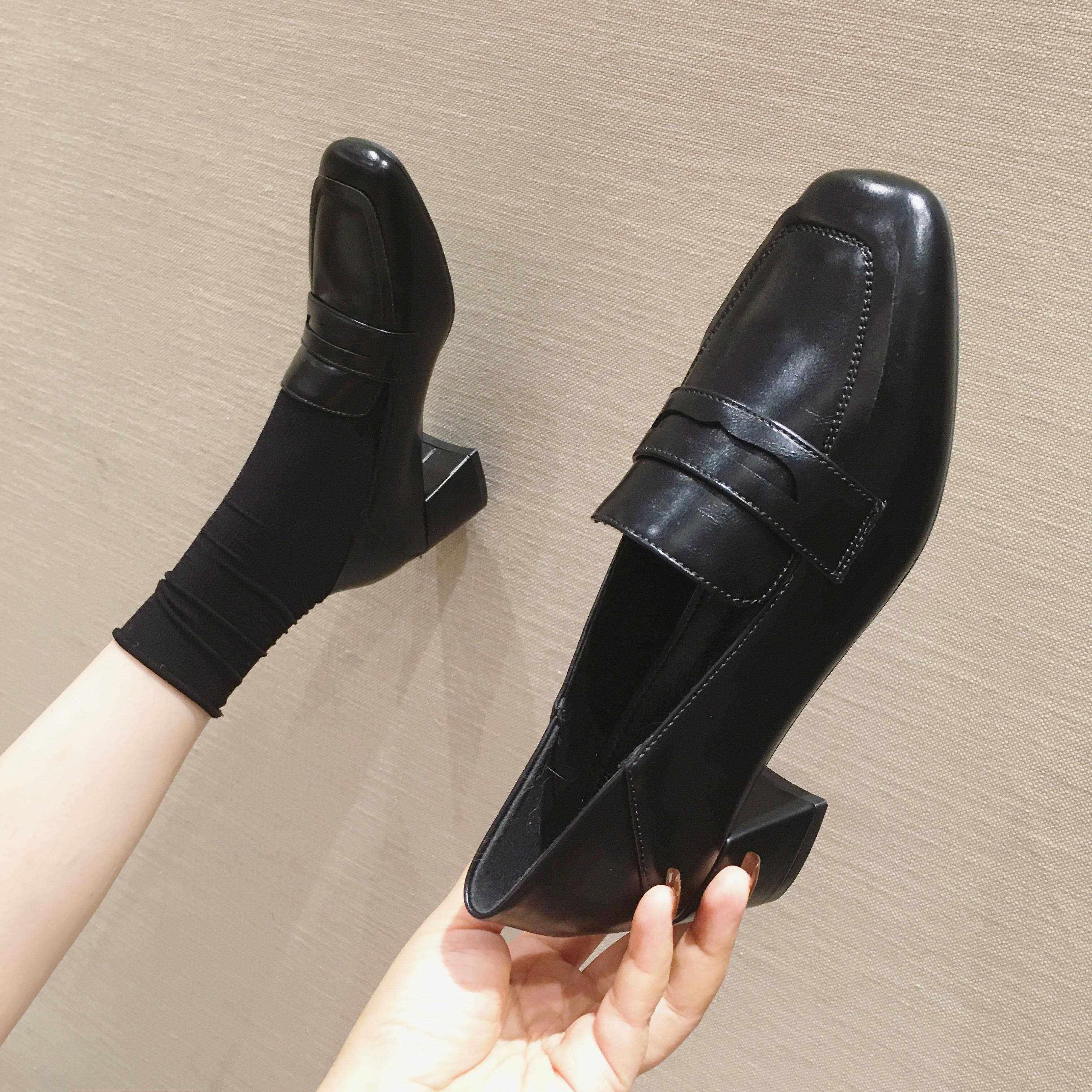 香港真皮单鞋女2025春秋英伦风小皮鞋粗跟中跟新款百搭方头高跟鞋
