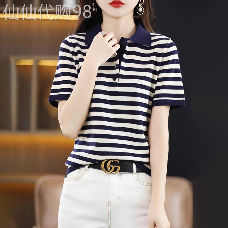 潮牌POLO领针织短袖T恤女2026夏季薄款条纹撞色棉线宽松半袖上衣