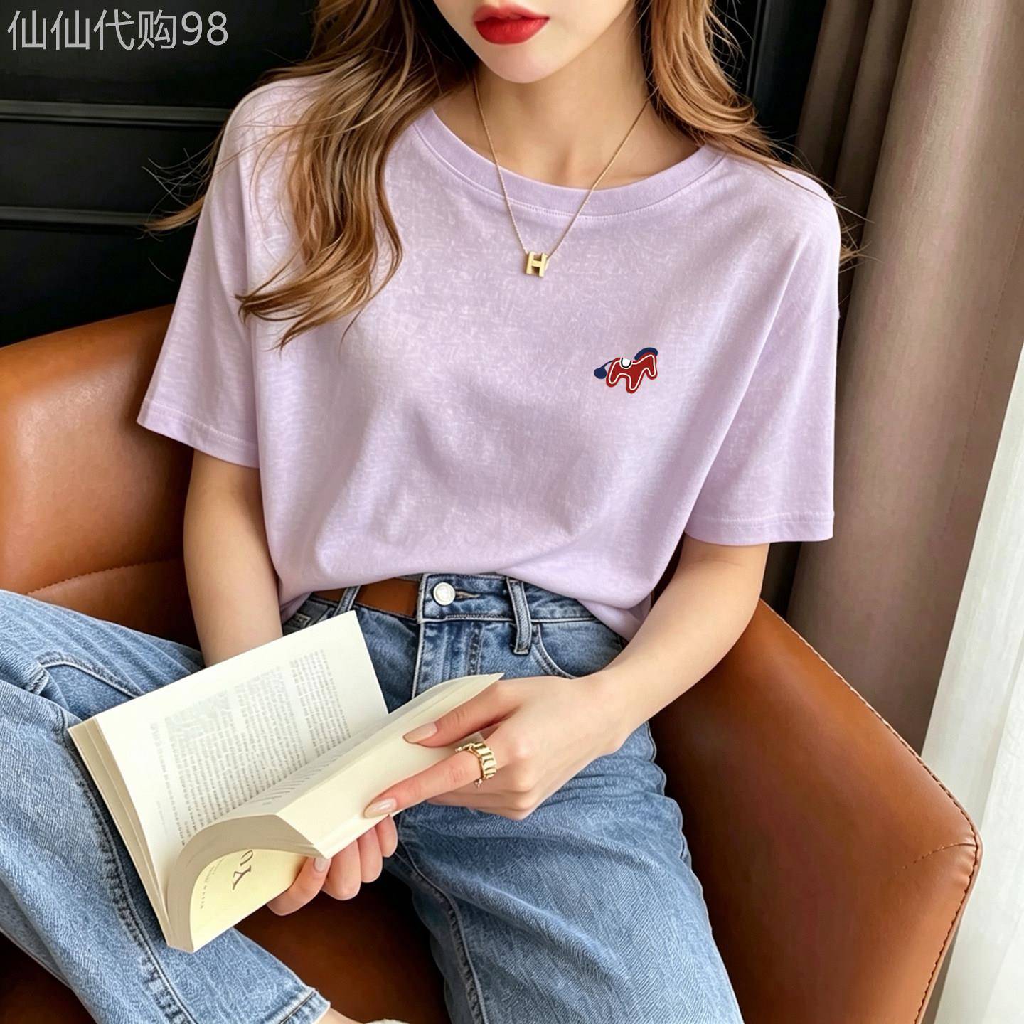 韩国紫色圆领雪花棉短袖t恤女2026夏季火爆时尚百搭可外穿上衣