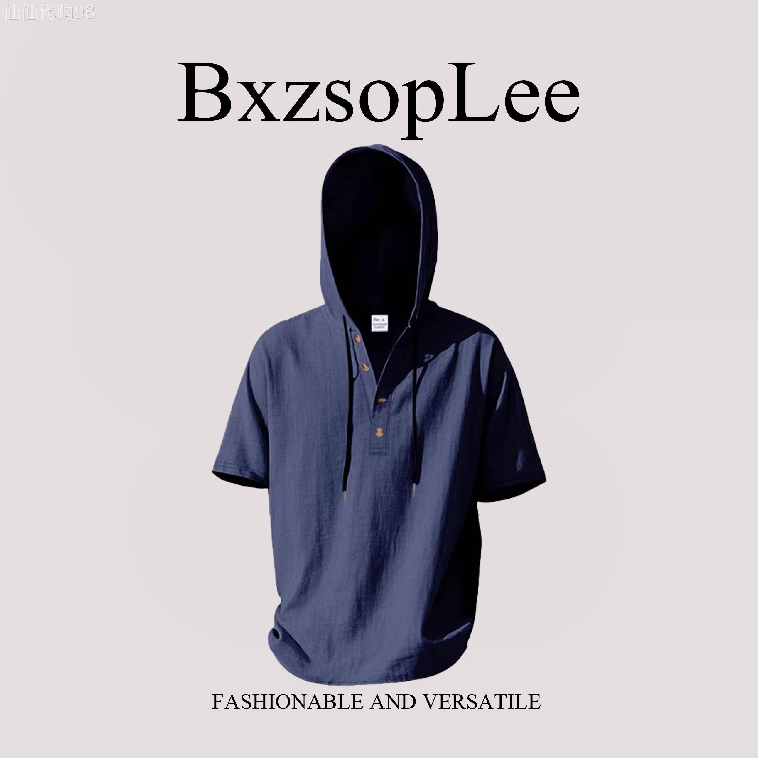 BxzsopLee 欧美夏季时尚男士纯色休闲亚麻透气连帽亨利衫短袖衬衫