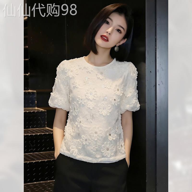 小众洋气立体花瓣镂空蕾丝衬衫女夏季2026年新款绝美短袖别致上衣