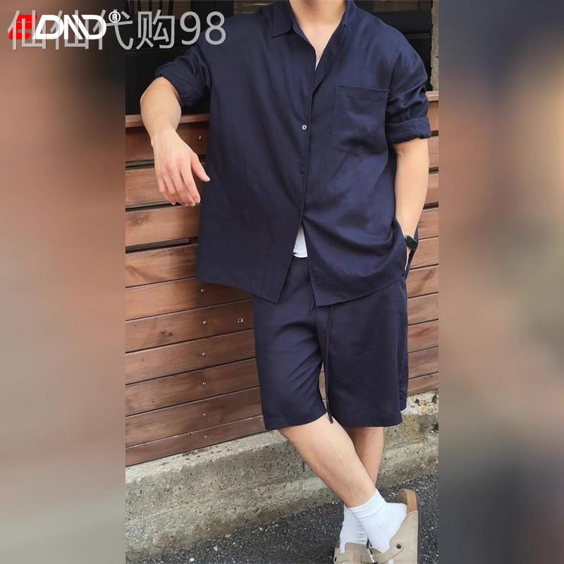 老钱风亚麻套装男士夏季2026新款松弛感穿搭配长袖衬衫短裤一整套
