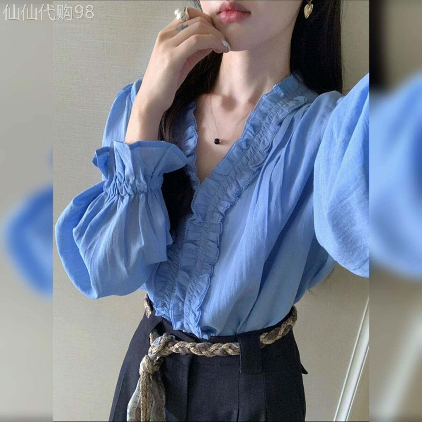 法式蓝色木耳边v领长袖衬衫女早秋季新款设计感小众别致气质上衣
