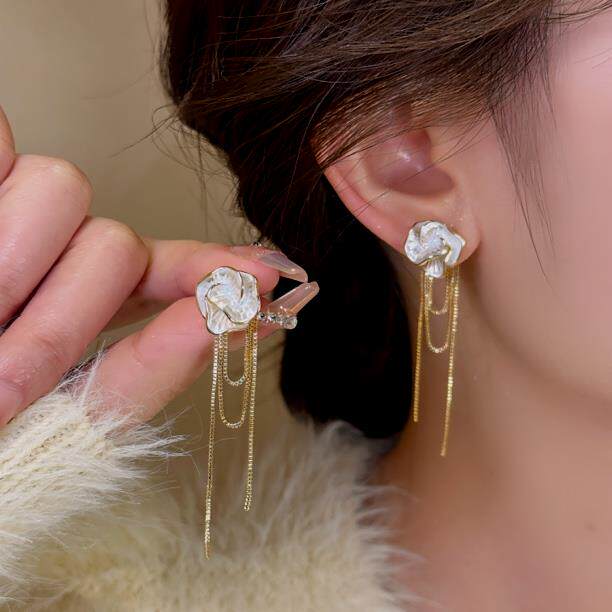 丹丹小饰铜合金耳饰【恰度】S925银针山茶花流苏耳环温柔百搭显瘦