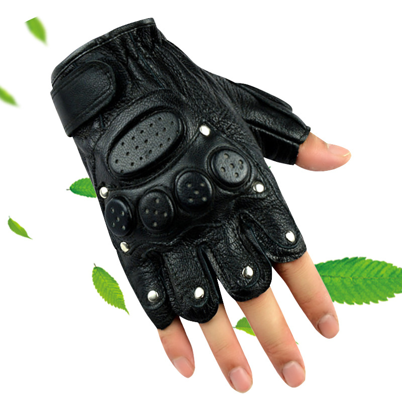 皮半指手套新款男女士铆钉赛博朋克战术登山半截运动户外真皮手套