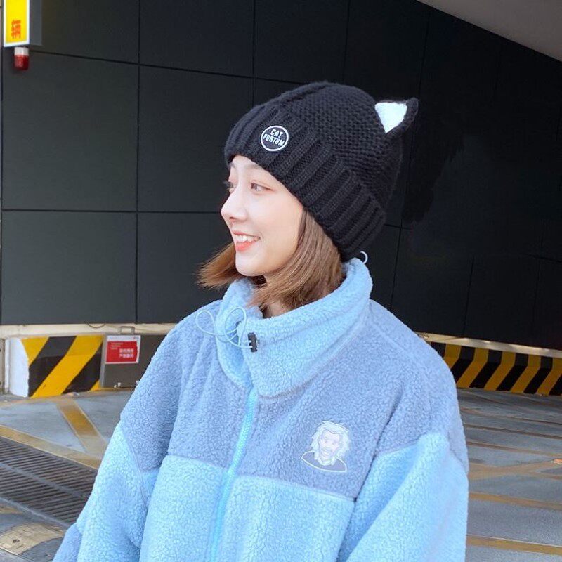 高档猫耳朵毛线帽子女2021年新款秋冬季网红适合短发戴的帽子实用