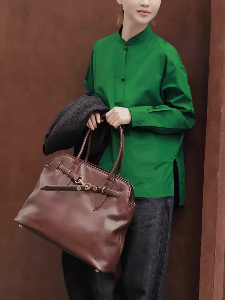 新中式国风墨绿色立领单排扣开叉衬衫2025秋季禅意气质覆古上衣女