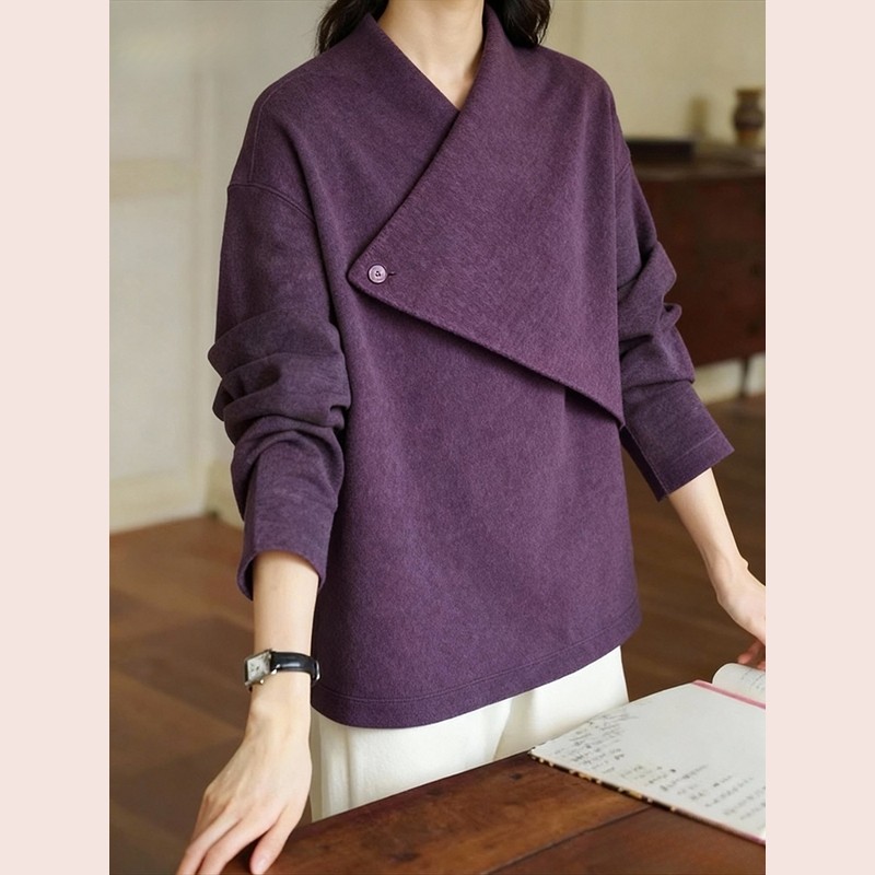 法式气质紫色磨毛不规则斜襟扣上衣设计感小众复古打底衫2025秋季
