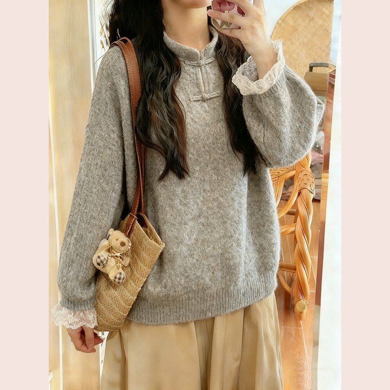新中式国风灰色立领盘扣蕾丝边毛衣设计感高级软糯针织衫2025冬季
