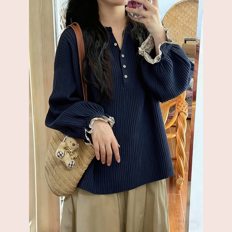 日系甜美藏蓝色半开领喇叭袖碎花针织衫慵懒高级感复古毛衣2025秋