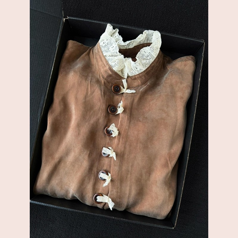 美拉德咖色蕾丝排扣拼接长袖上衣港风穿搭独特超好看单穿衬衫秋季