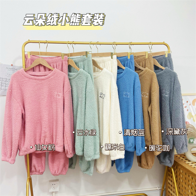 云朵绒小熊睡衣女新款珊瑚绒休闲套头家居服冬天加厚加绒保暖套装