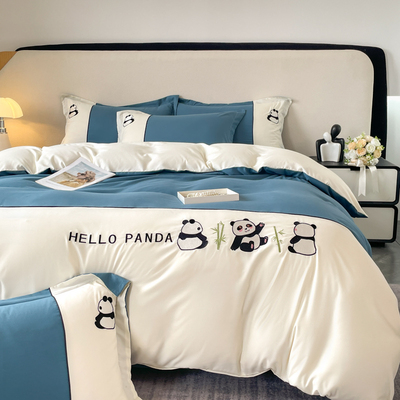 LACASA熊猫卡通刺绣床上水洗棉四件套磨毛被套床单宿舍三件套学生