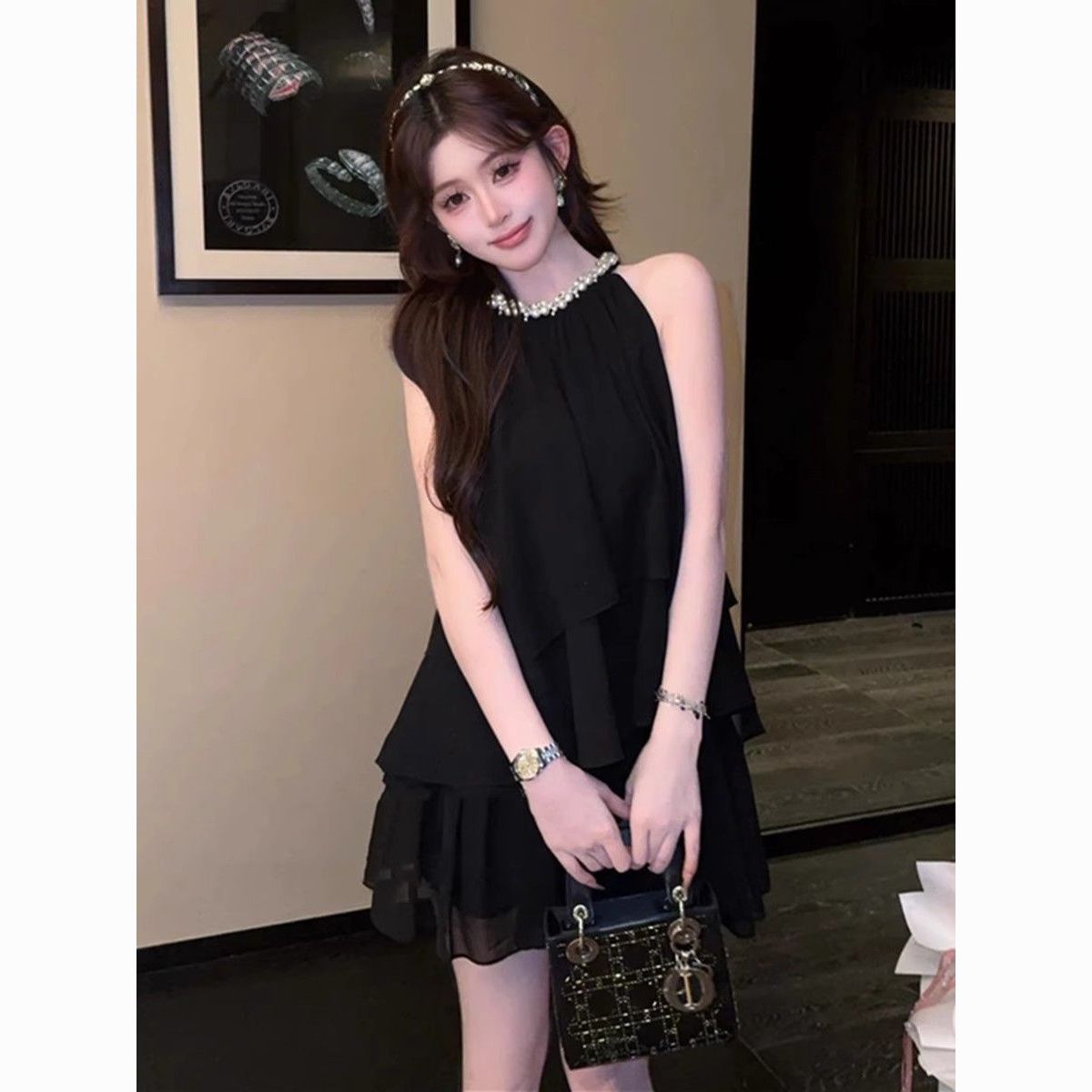 法式名媛千金裙子套装女重工镶钻无袖挂脖上衣雪纺衫半身裙两件套
