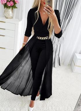 V领网纱链条连身裤 Chain Decor Sheer Mesh Overlay Jumpsuit