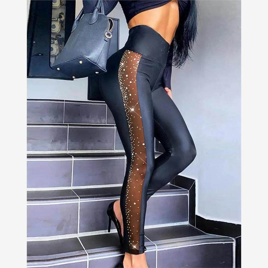黑色烫钻网纱拼接紧身长裤 Rhinestone High Waist Skinny Pant,女装/女士精品,休闲裤,淘宝优惠券,粉丝福利购,淘宝优惠卷