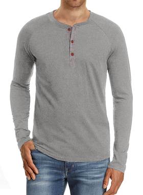 Men's Solid Color Long Sleeve Henley Shirt男士纯色长袖亨