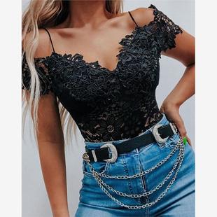 Crochet Lace Cold Shoulder Skinny Top黑色蕾丝露肩短袖上衣