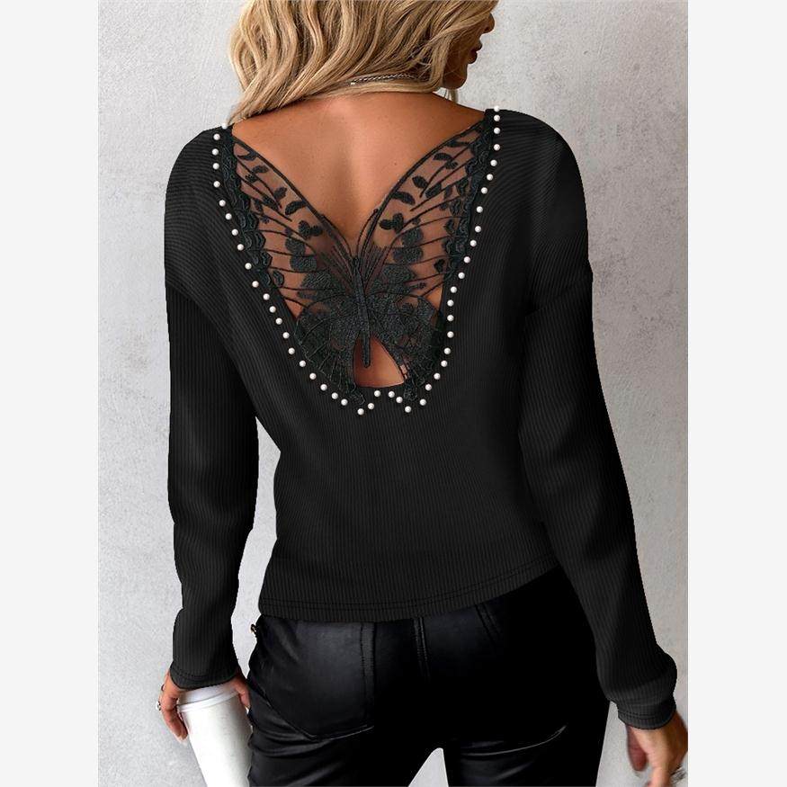 Butterfly Embroidery Beaded T-Shirts后背钉珠蝴蝶拼接上衣女
