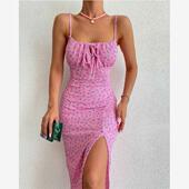 Floral Print Tied Ditsy Slit Dress欧美印花系带收腰侧开连衣裙