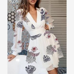 Tropical Print Lantern Sleeve Casual Dress性感V领印花连衣裙