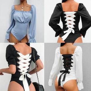 法式宫廷背后交叉绑带连体上衣美背打底衫女欧美性感T恤心机系带