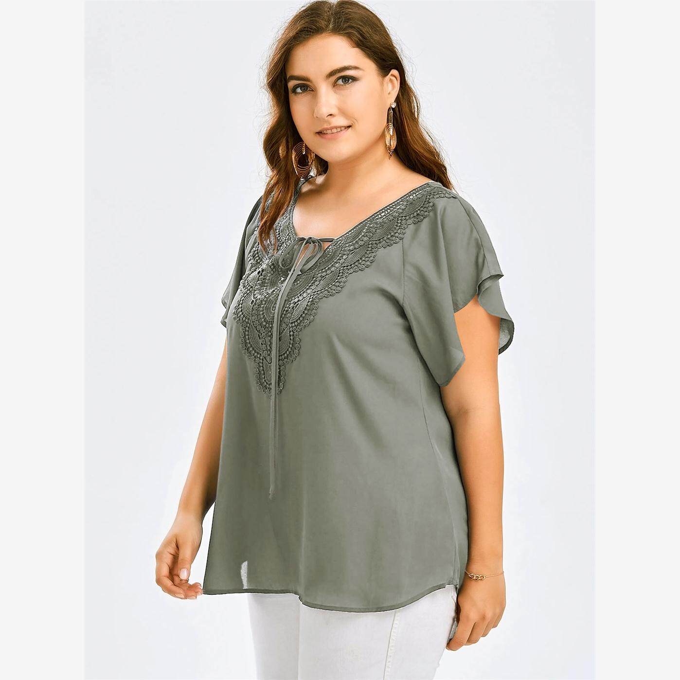2018夏新品欧美大码女装花边拼接喇叭袖短袖T恤Big size T-shirt