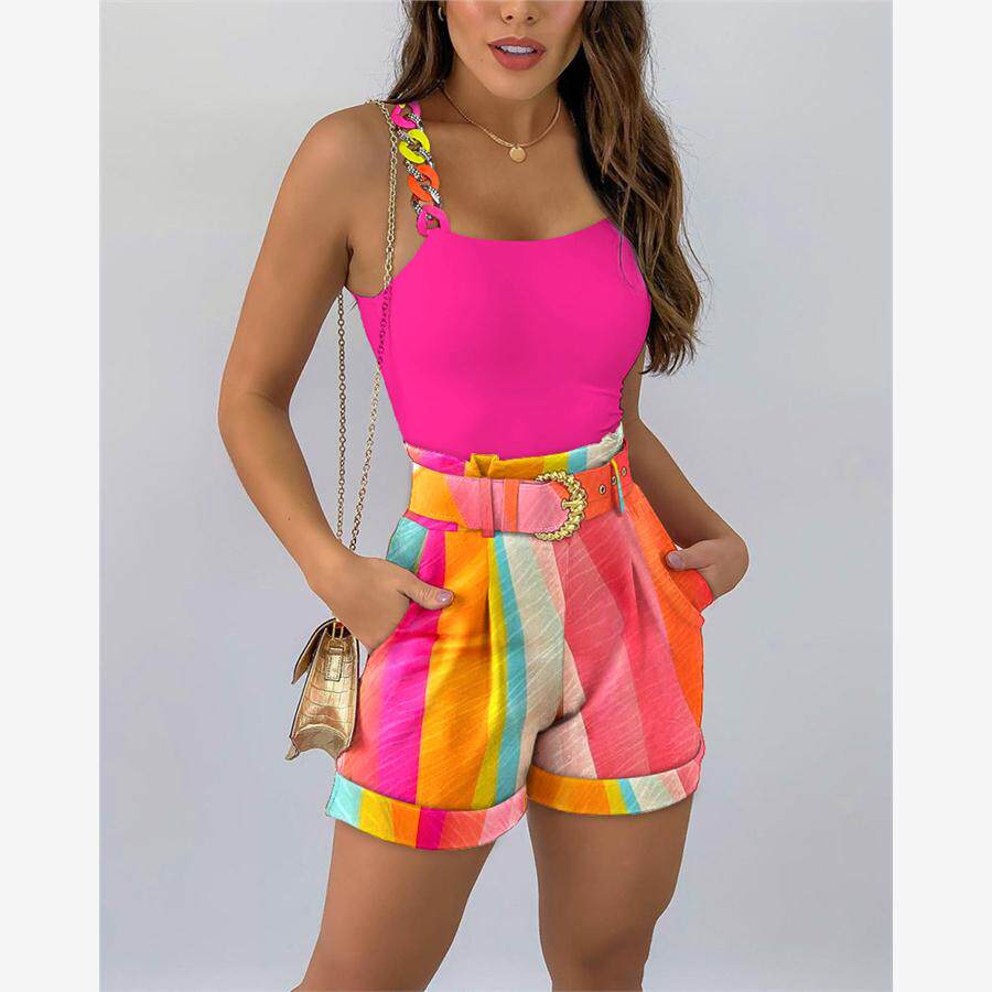 Chain Strap Tank Top & Colorblock Shorts Set上衣+短裤套装