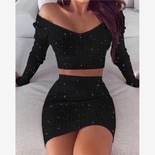 Skirt 洒金上衣紧身包臀短裙两件套女Glitter Top Sets Crop
