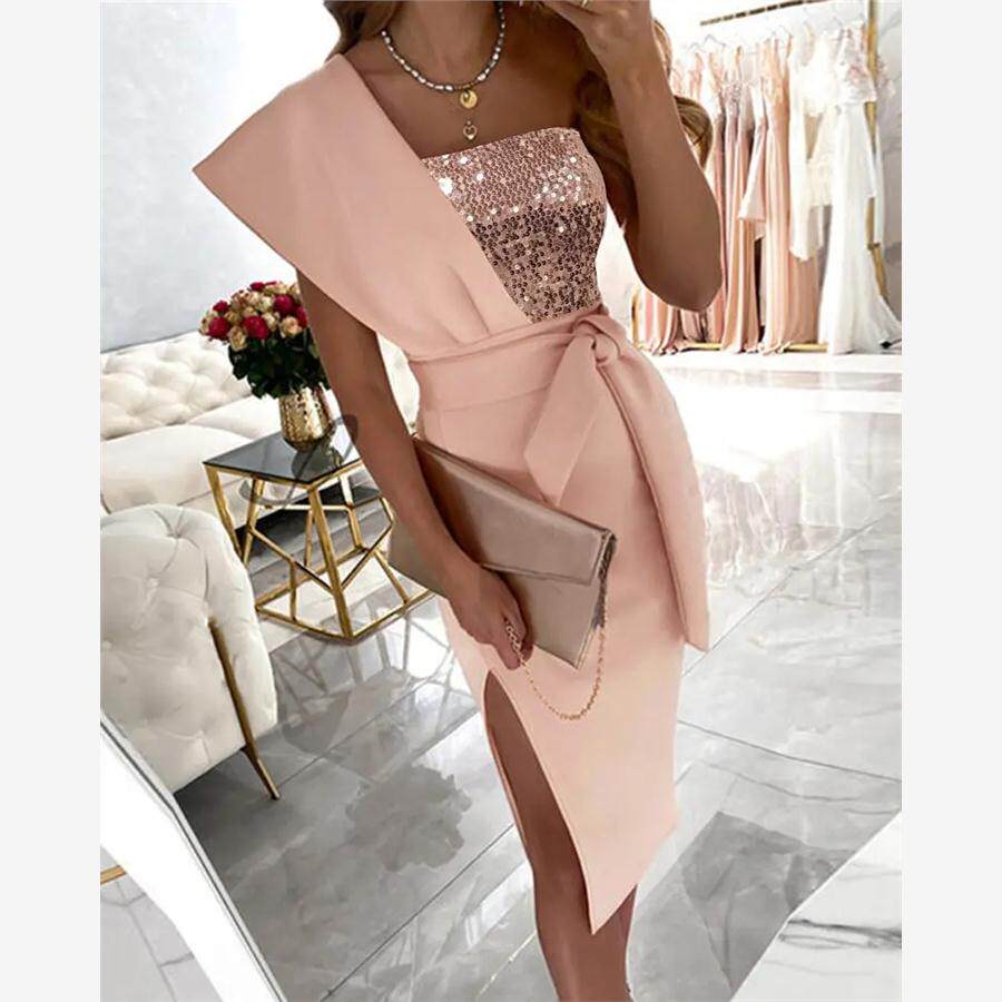 One Shoulder Slit Sequins Party Dress单肩亮片晚会连衣裙夏季