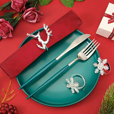 6 Pcs Napkin Rings Holders with Snowflake and Deer Design fo