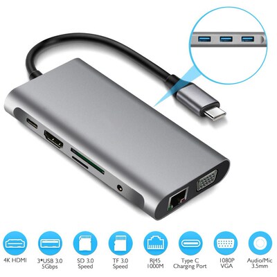 Type-C to RJ45 Gigabit Lan Ethernet HDMI VGA Adapter SD TF C