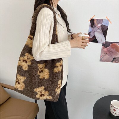 Women Lamb Like Fabric Shoulder Tote Bag Canvas Fluffy Fur