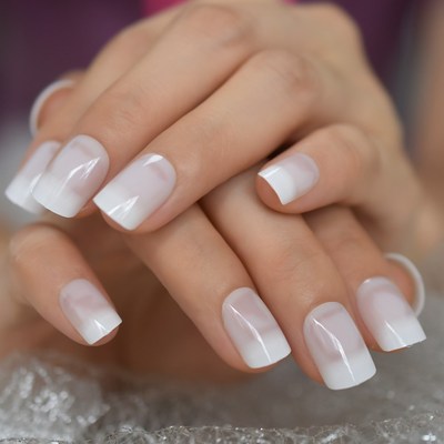 White Gradient Color Press On Nails Square Medium Transpare