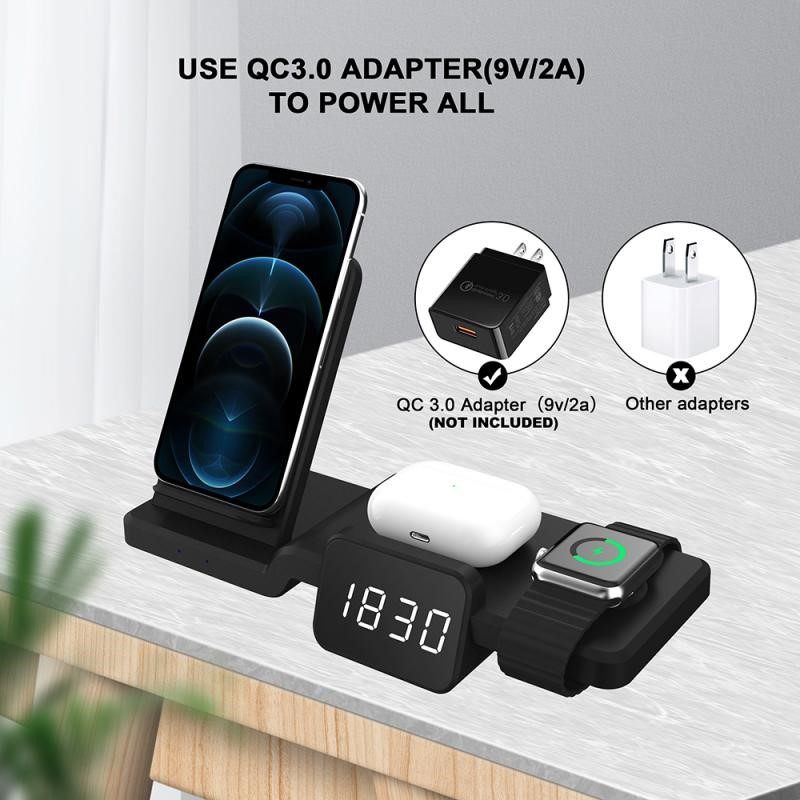 5 in 1 Wireless Fast Charger Stand Station With Clock For I