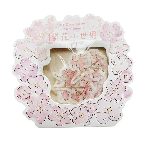 45pcs/Bag Pink Sakura Gold Foil Paper Stickers Washi Sticke
