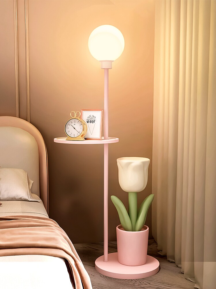 创意床头柜落地台灯一体郁金香花瓶朵ins客厅边几茶摆件儿童卧室