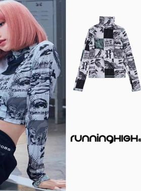 Lisa同款RUNNINGHIGH印花修身小高领上衣T恤上衣女韩国代购