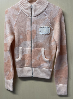 SCULPTOR 春秋迷彩马海毛插肩袖拉链针织开衫女短款外套